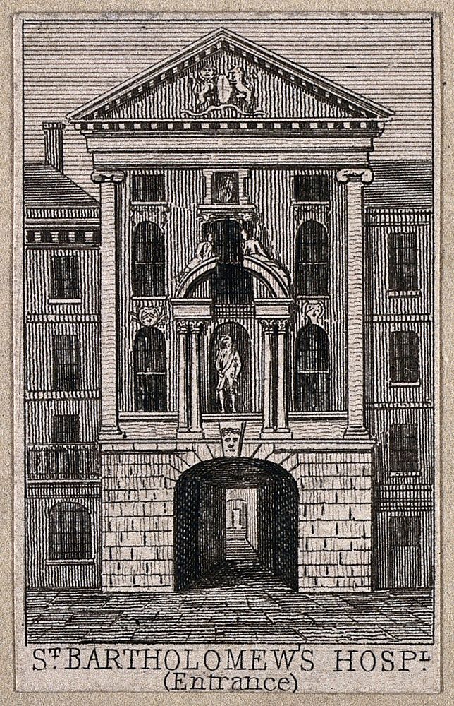 St Bartholomew's Hospital, London: Henry VIII Gate. Engraving.