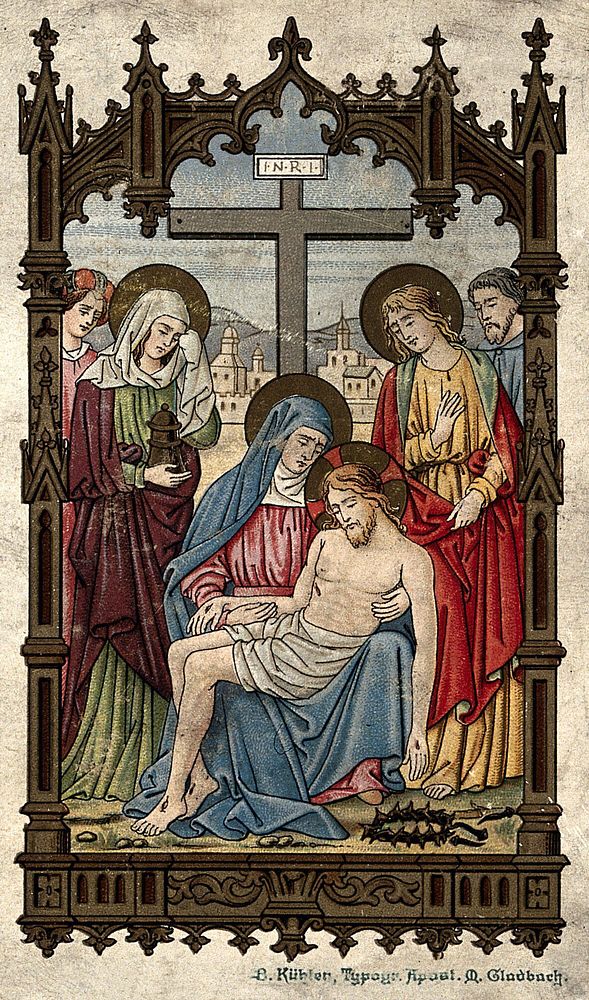 The Lamentation over the dead Christ. Colour lithograph.