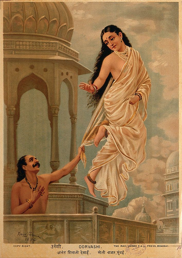 Story of Purūravas and Urvashi: Urvashi flying off to heaven while Purūravas tries to stop her. Chromolithograph by R.…