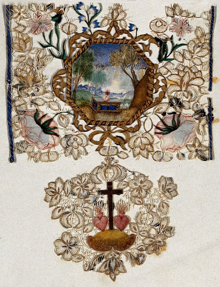 The Sacred Heart on an altar in an landscape surrounded by flower framework; underneath a hill with the Cross and two Sacred…