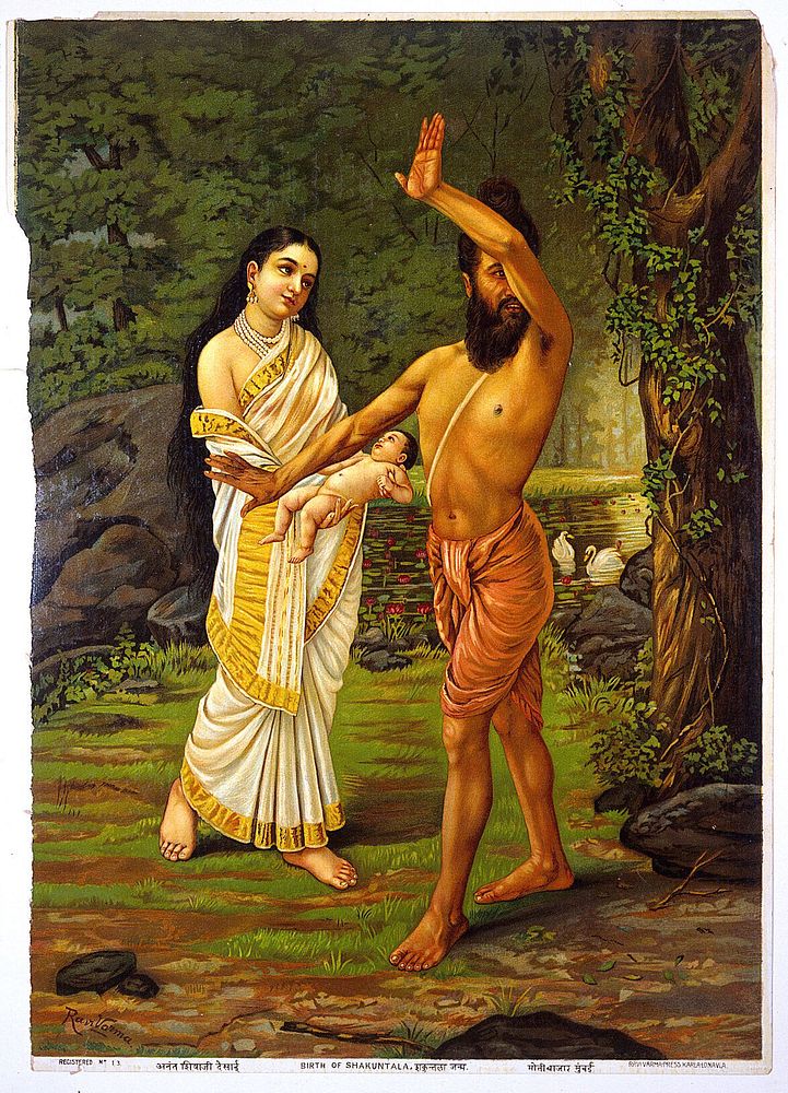 Viswāmitra rejecting his daughter Sakuntalā's birth. Chromolithograph by R. Varma.