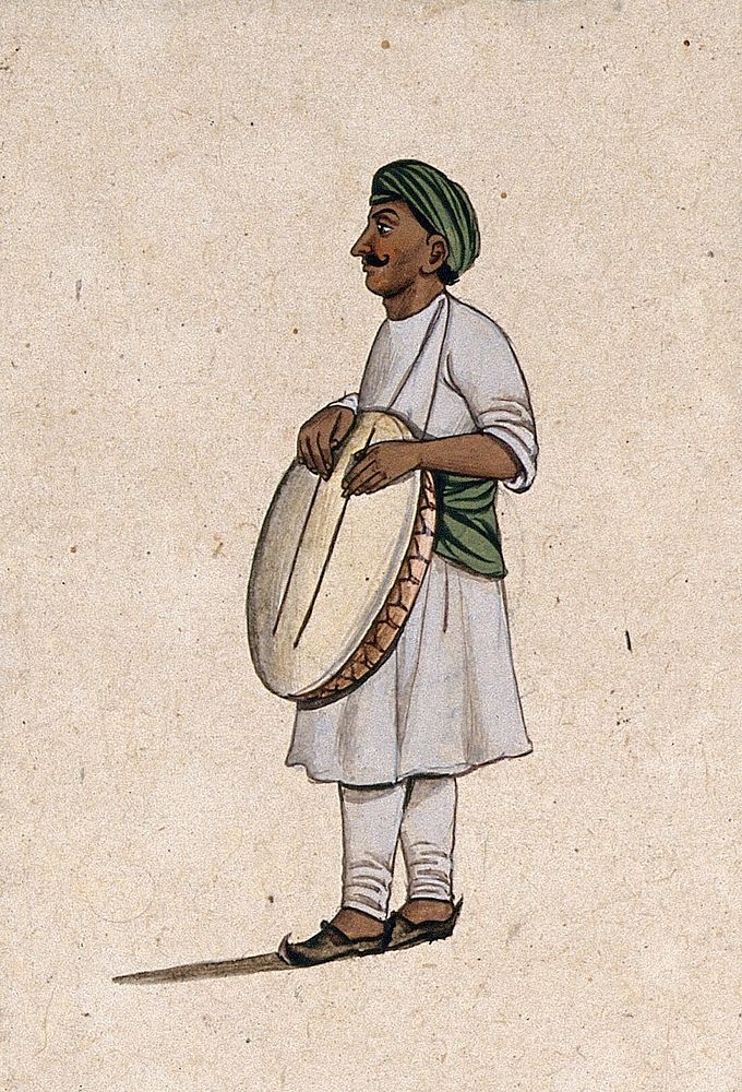 A musician playing a daf, an Indian percussion instrument, with sticks. Gouache painting by an Indian artist.