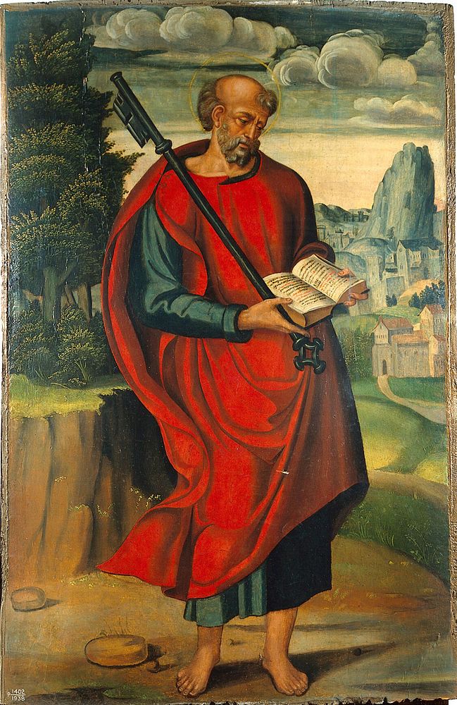 Saint Peter in a landscape. Oil painting by follower of Raffaellino del Colle.