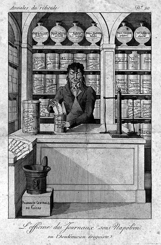 A sour faced apothecary putting together a prescription. Coloured engraving.