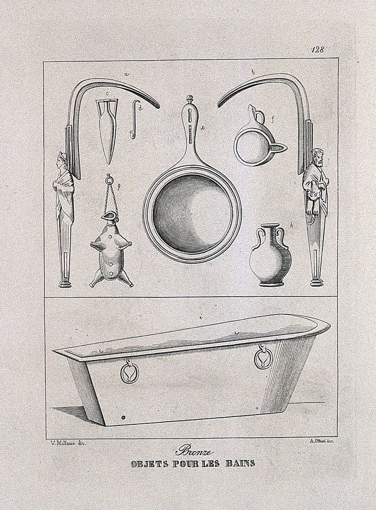 Ancient Roman  bath and bathing accessories: nine figures, including scrapers and oil containers. Etching by A. Ottieri…