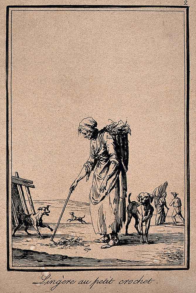 A woman with a basket on her back is using a stick to gather bits from the ground. Etching by J. Duplessi-Bertaux.