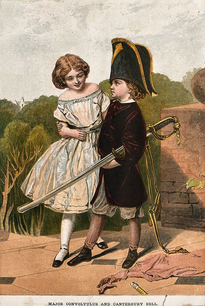 Two young children dress up and act as characters in a play. Chromolithograph.
