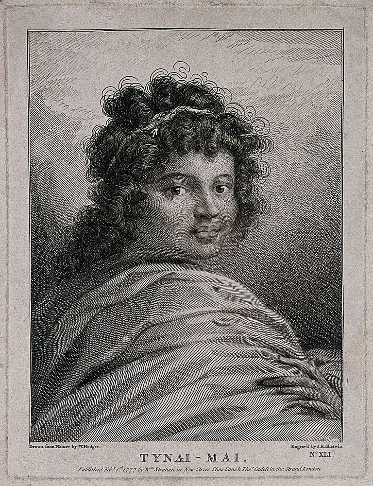 Tynai-Mai, a young woman from Raiatea encountered by Captain Cook on his second voyage. Engraving by J.K. Sherwin, 1777…