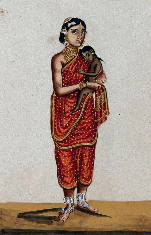 A Brahmin's wife holding her child. Gouache painting on mica by an Indian artist.