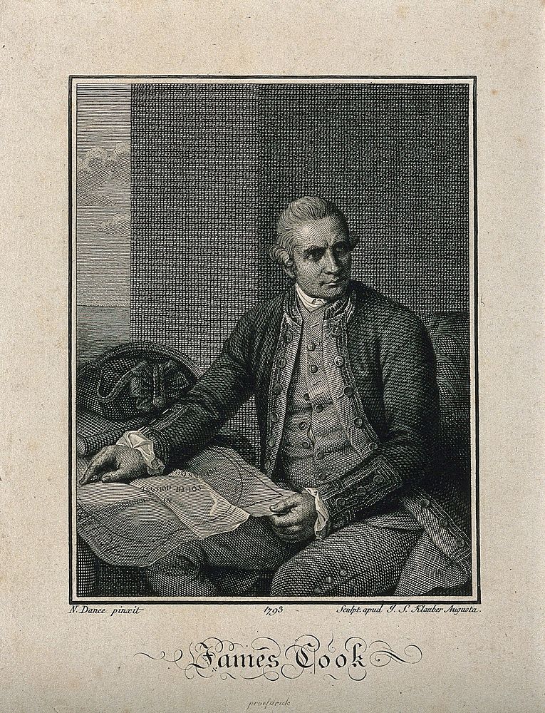 James Cook. Line engraving by J. S. Klauber, 1793, after Sir N. Dance-Holland, 1776.