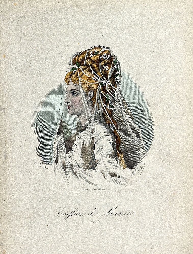 The head and shoulders of a woman in profile to the left wearing a high chignon decorated with flowers and a wedding veil.…