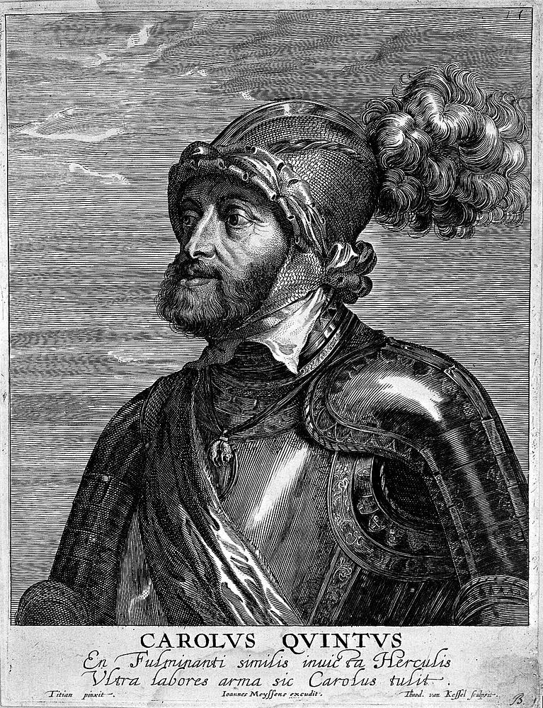 The Emperor Charles V. Engraving by Th. Kessel, 16--, after Titian.