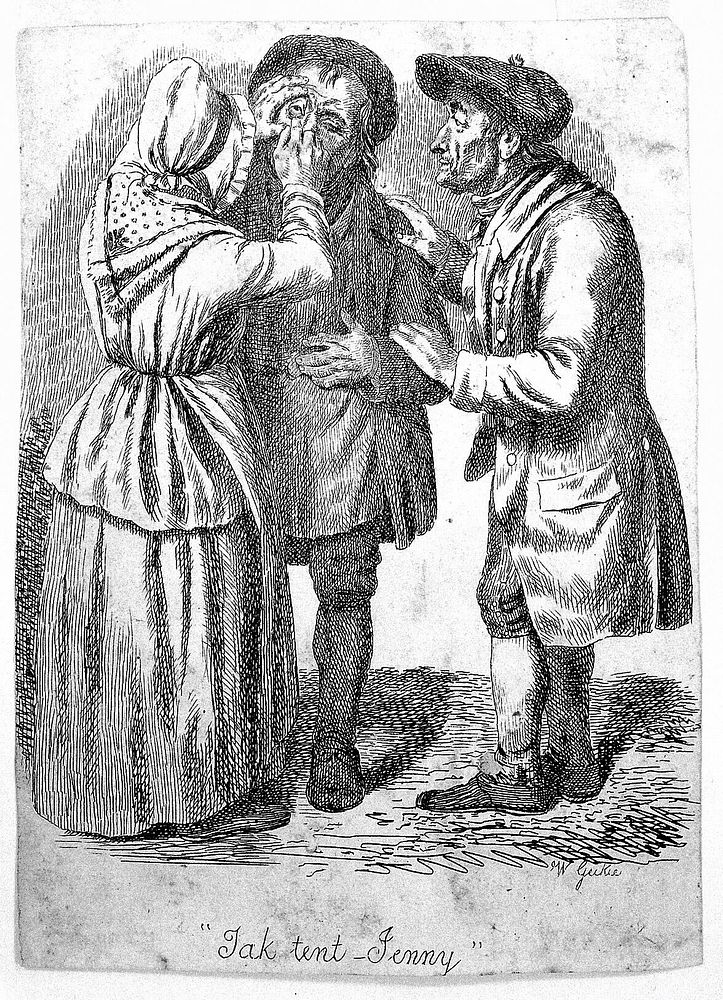 A woman removing something from a man's eye while another man looks on. Etching by W. Geikie.