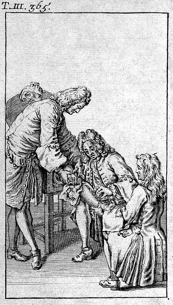 A surgeon amputating a patient's leg with a saw, he is being held in a particular position by two attendants. Engraving…