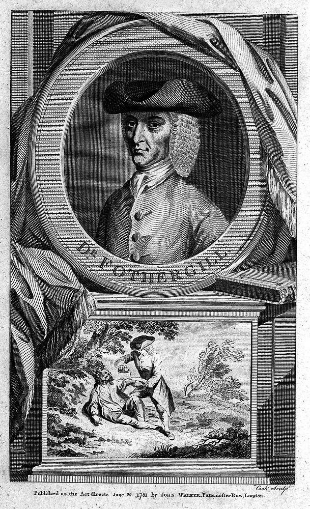 John Fothergill: portrait in oval frame with trompe l'oeil surroundings. Line engraving by [T.] Cook, 1781.