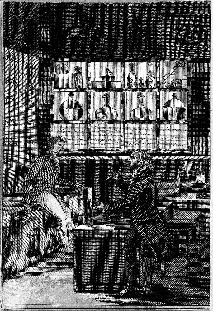 Interior of a pharmacy, the pharmacist and his apprentice at work. Engraving.