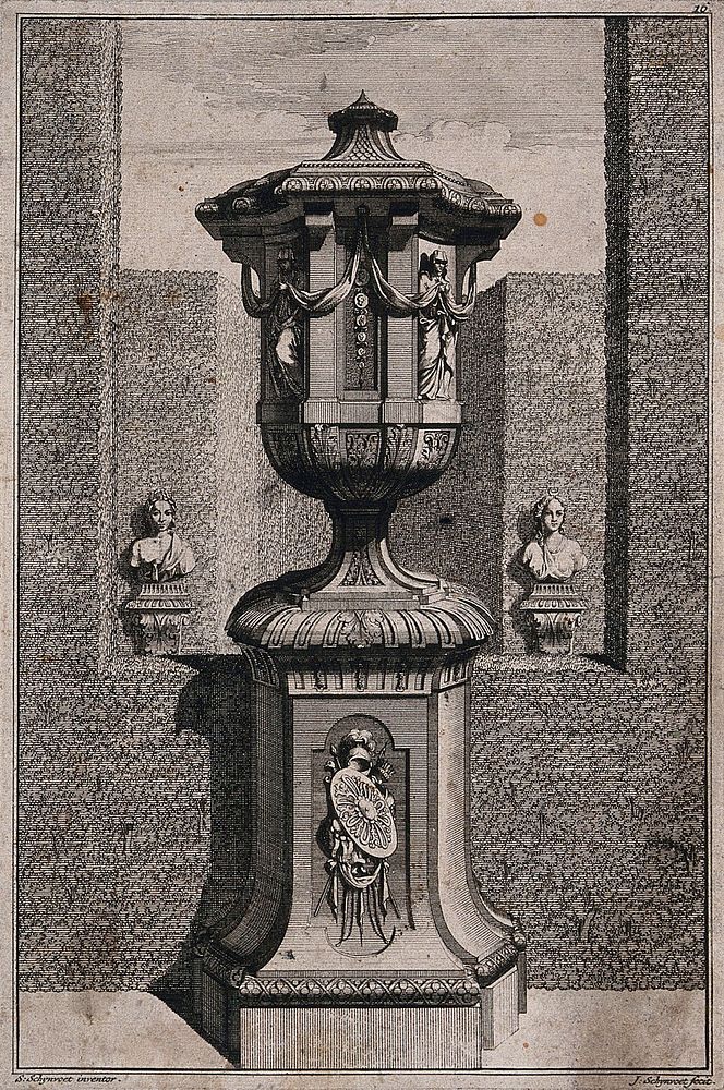 An ornate vase and pedestal with two women and a chain of medals carved on the side. Etching by J. Schynvoet, c. 1701, after…