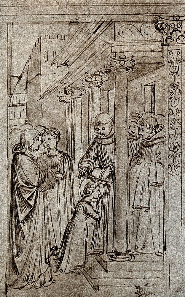 Saint Rosa of Viterbo: her tonsure on entering the Franciscan order. Photogravure, 1907, after Benozzo Gozzoli, 1453.