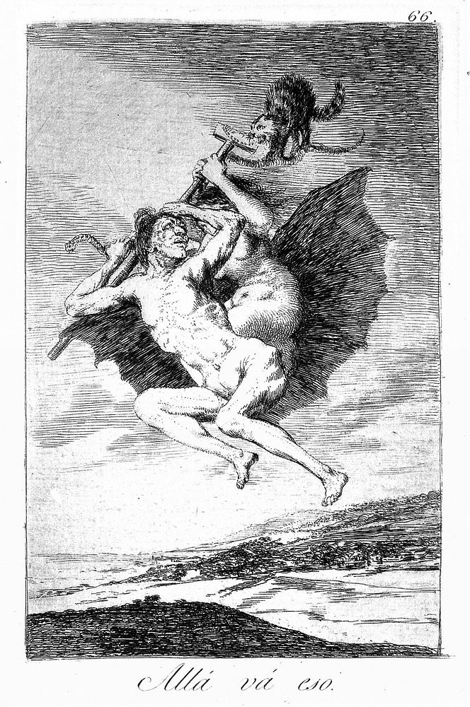 A winged couple holding a crutch, accompanied by a cat and snake. Etching by F. Goya, 1796/1798.