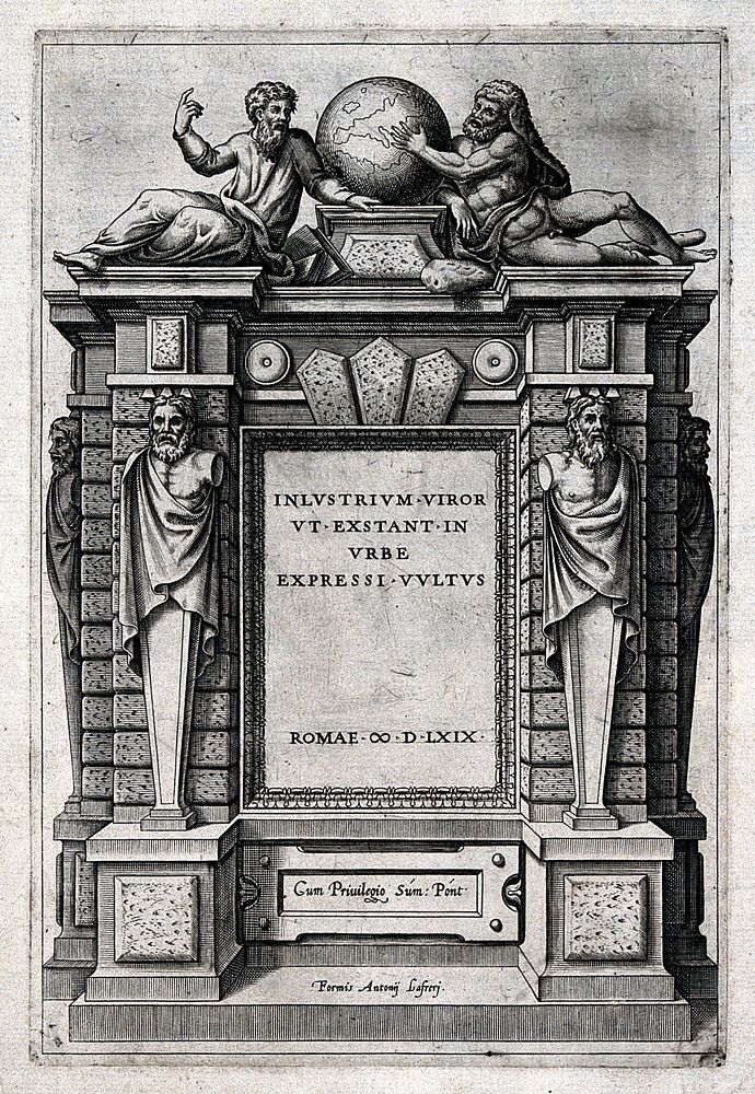 An ornate stone frame in which four atlantes support an entablature on which a scholar and Hercules support the globe of the…
