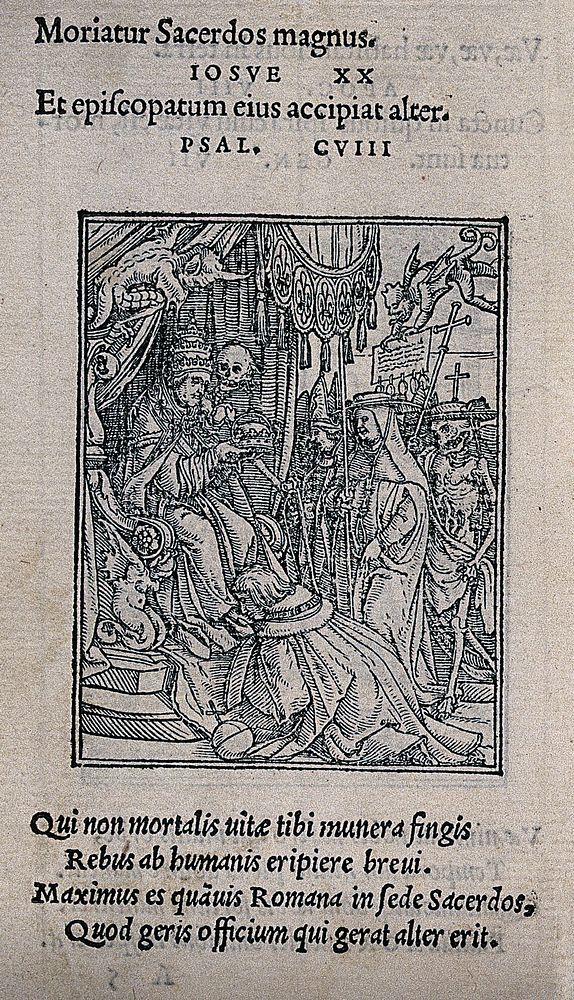 The dance of death: the pope. Woodcut by Hans Holbein the younger.