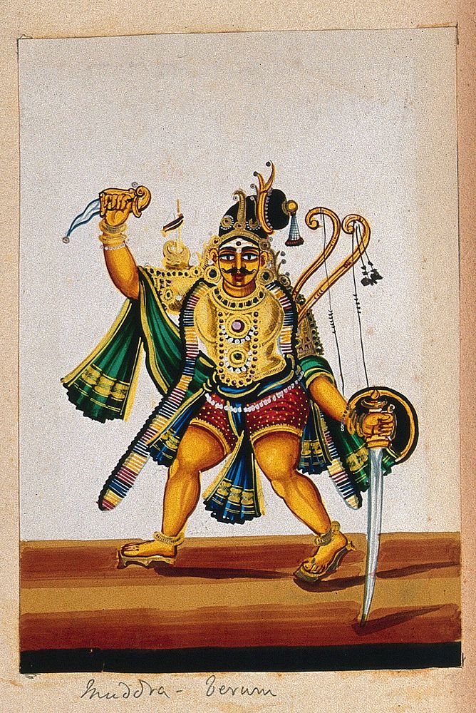 An Indian warrior  holding a dagger in one hand, a sword and a shield in the other and carrying bows and arrows over his…