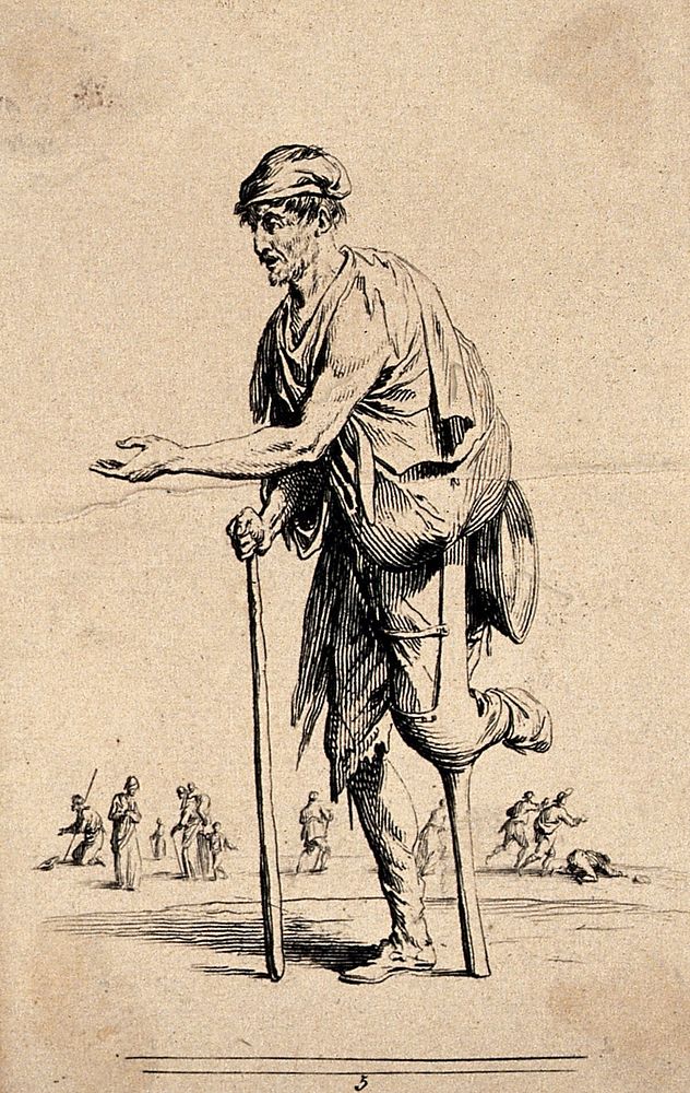 A man in ragged clothing with a wooden leg and a stick is holding out his hand for alms. Etching by Jean Duplessi-Bertaux.