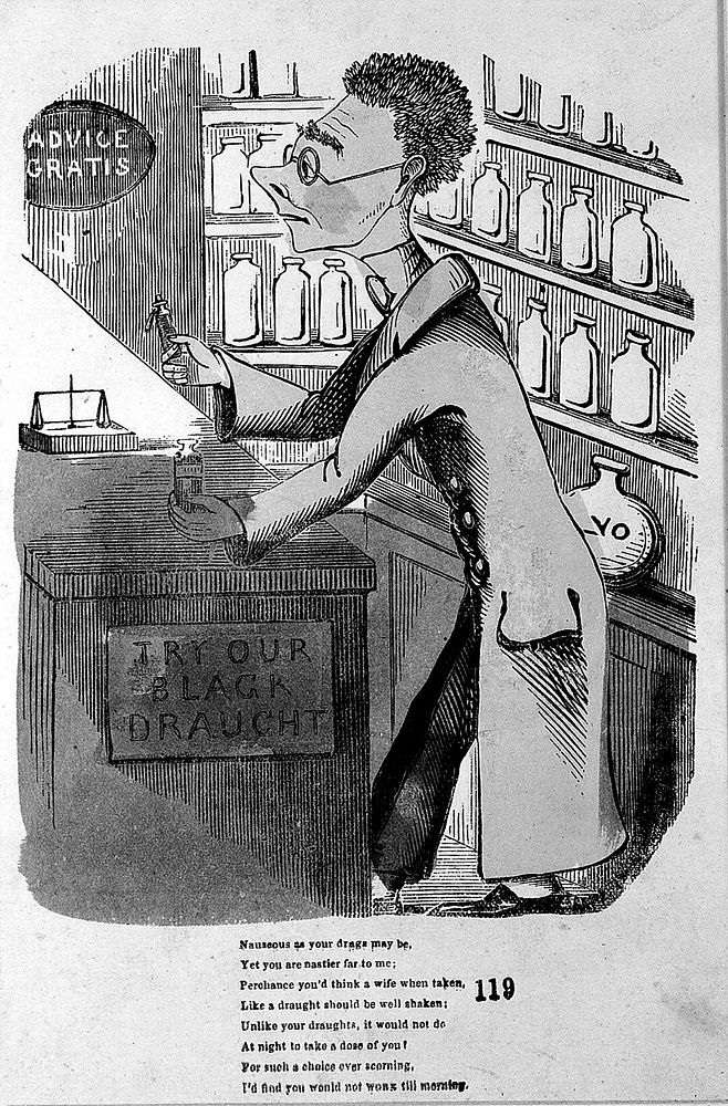 An unattractive pharmacist in his shop. Coloured wood engraving, c. 1850.