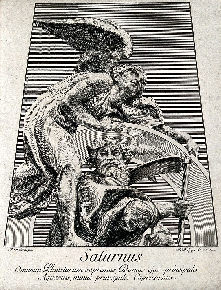 Astronomy: Saturn with his scythe, above, an angel looking heavenward. Engraving by N. Dorigny, 1695, after Raphael, 1516.