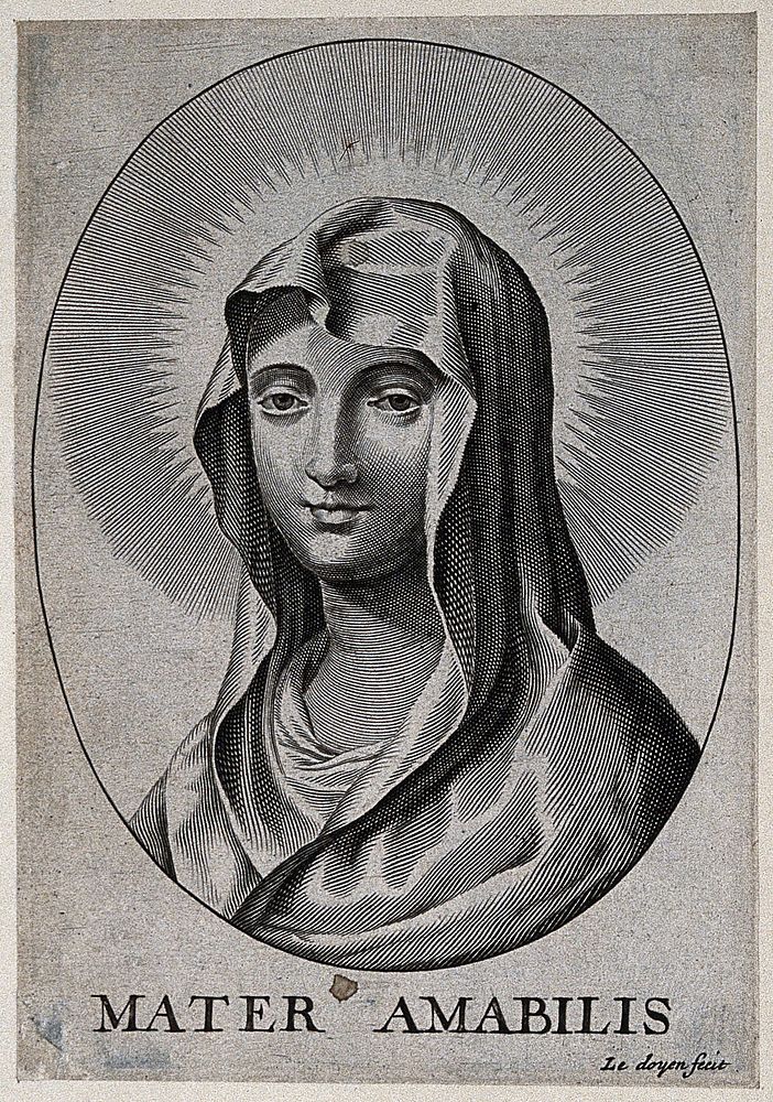 Saint Mary (the Blessed Virgin). Line engraving by P. Le Doyen.