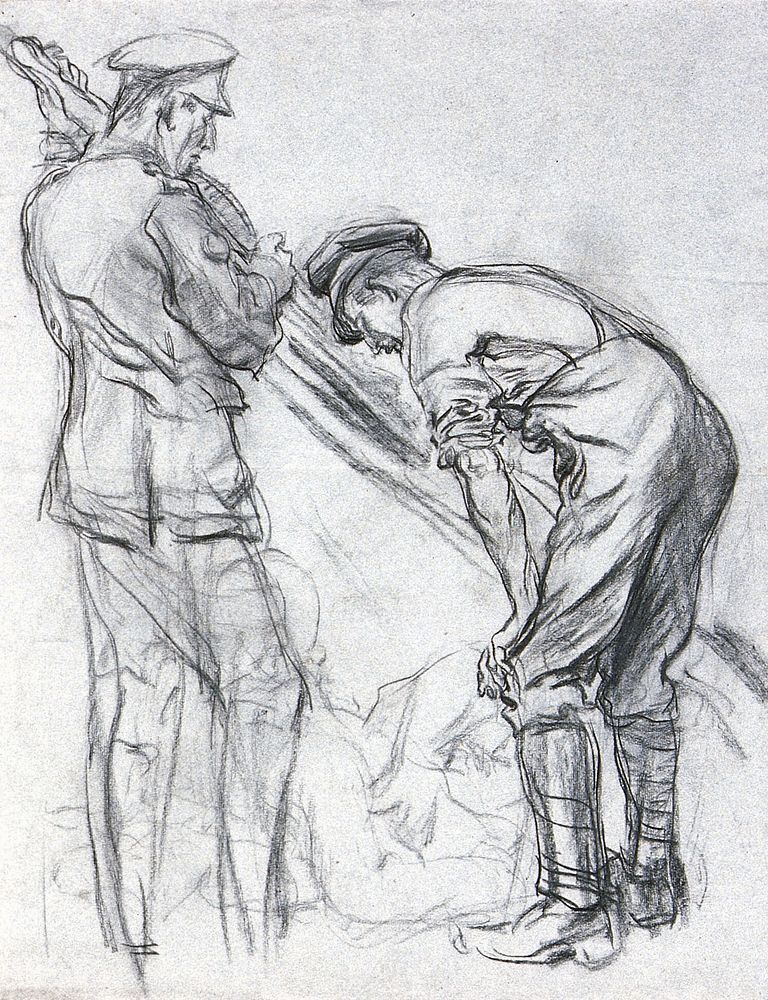 World War I: stretcher bearers. Charcoal drawing.