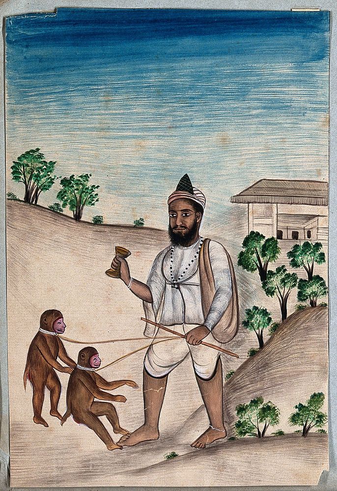 A street entertainer makes two monkeys on a lead, dance to music as part of an act. Gouache painting by an Indian artist.