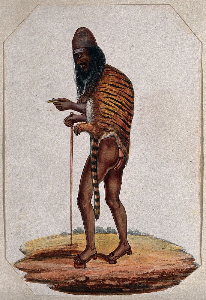A Hindu ascetic or holy man: walking, wearing a cap, loincloth, tigerskin and raised sandals (pattens). Gouache painting…