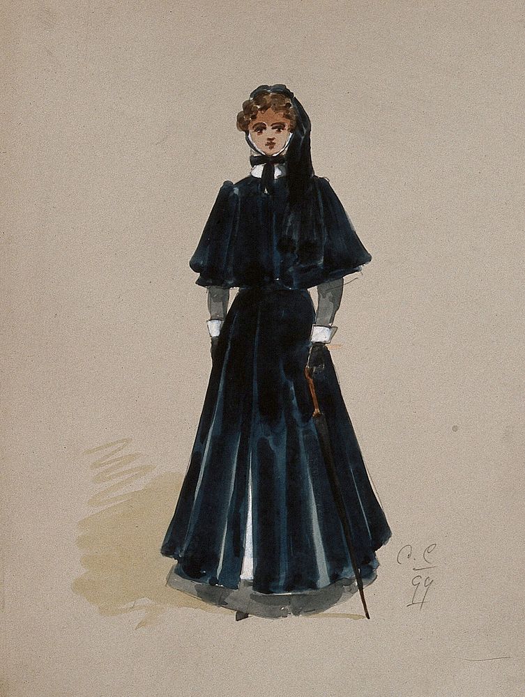 An army hospital nurse in her outdoor uniform. Watercolour by C.C., 1899.