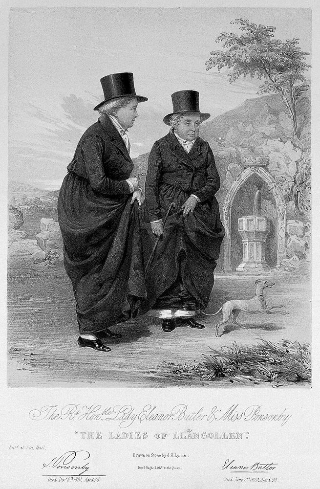 Sarah Ponsonby (left) and Lady Eleanor Butler, known as the Ladies of Llangollen, outside with a dog. Lithograph by J.H.…