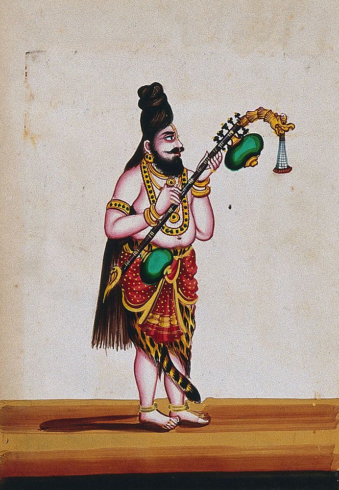 A guru (religious teacher) holding a musical instrument. Gouache painting by an Indian artist.
