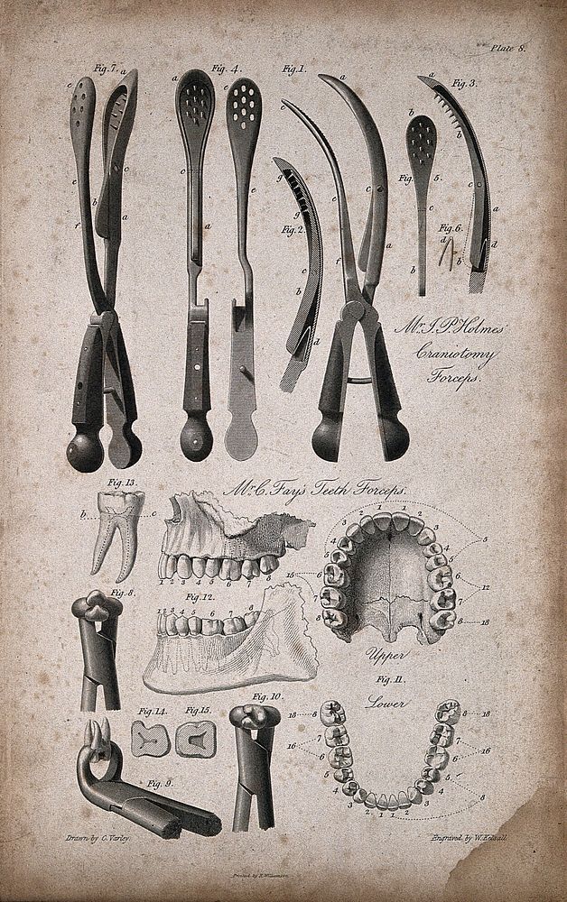 Midwifery and other instruments, including forceps and pliers. Engraving by W. Kelsall after C. Varley.