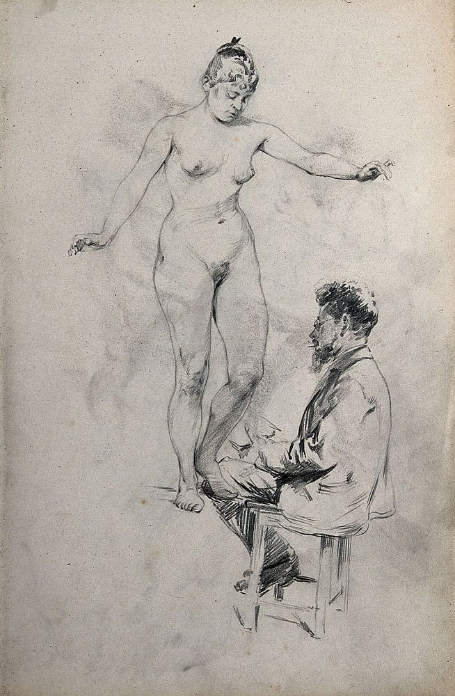 A female standing nude and a seated man. Pencil drawing.