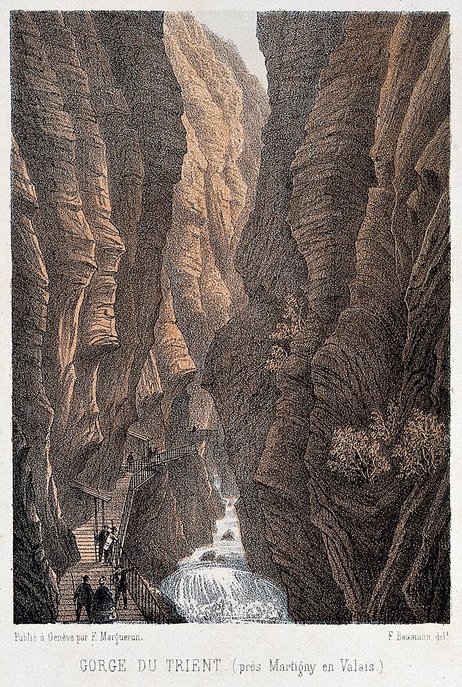 The Trient gorge, near Martigny, the Valais, Switzerland. Colour lithograph by F. Baumann.