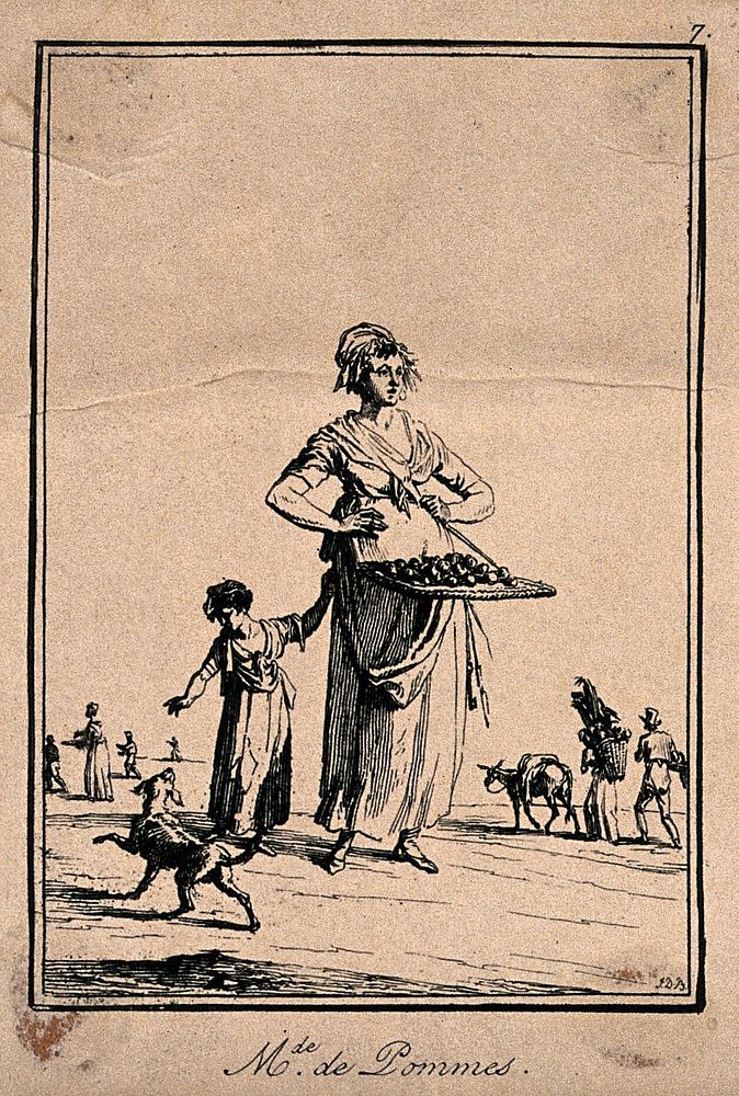A woman carrying a tray of apples which she has for sale, accompanied by a child who is playing with a dog. Etching by J.…