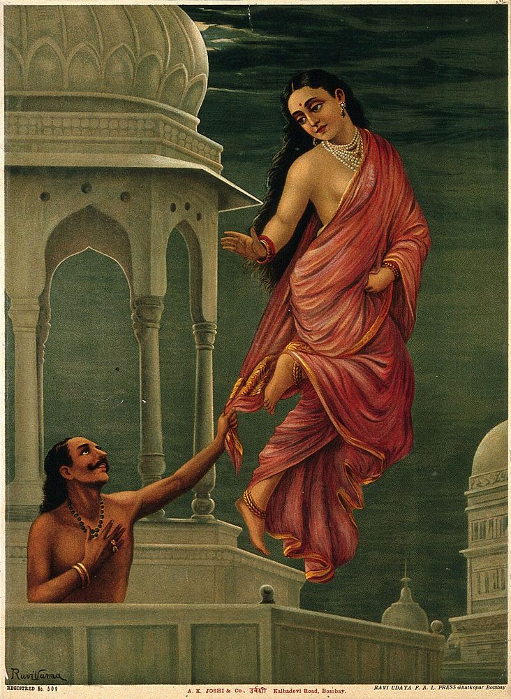 Story of Purūravas and Urvashi: Urvashi flying off to heaven while Purūravas tries to stop her. Chromolithograph by R. Varma.