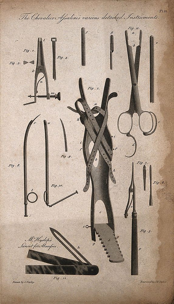 Surgical instruments: various detached instruments designed by Paolo Assalini. Engraving by J.B. Taylor after C. Varley.