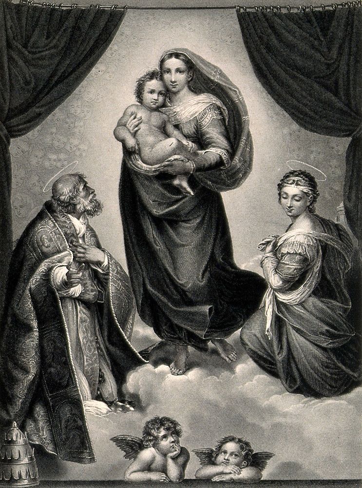 Saint Mary (the Blessed Virgin) with the Christ Child, Saint Sixtus, Saint Barbara and angels. Engraving by W. French after…