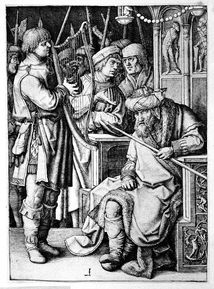 David playing his harp for a disgruntled Saul in front of a crowd of courtiers and soldiers. Engraving after L. van Leyden…