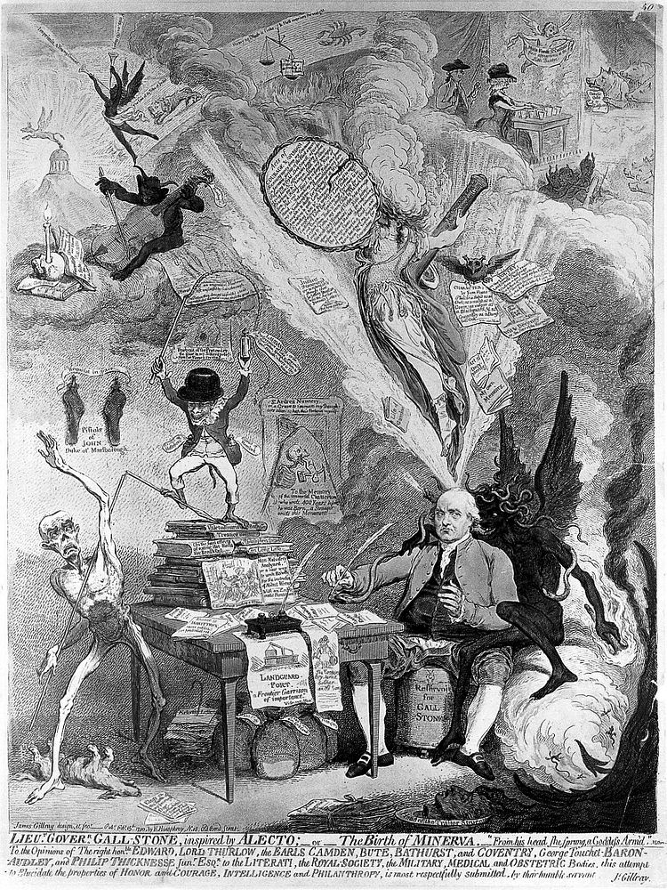 Philip Thicknesse writing at a table, surrounded by demonic apparitions representing aspects of his life. Aquatint by J.…