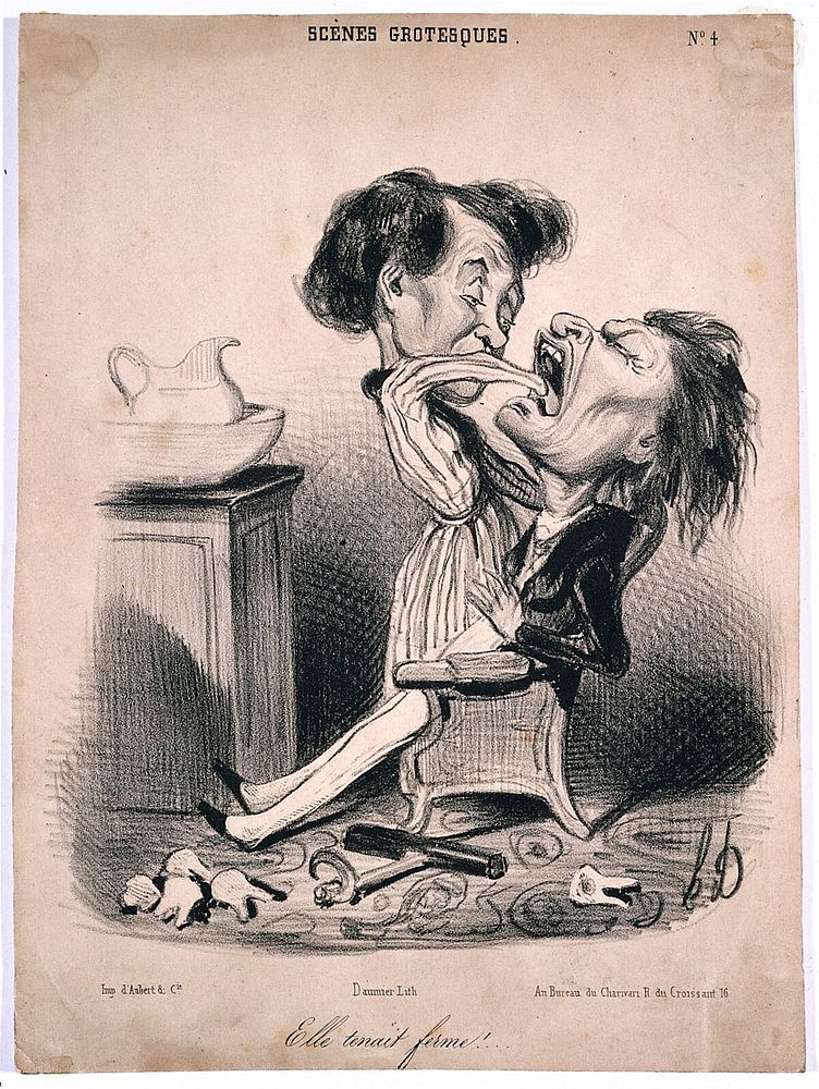 A woman reaches down into a man's throat to pull out another tooth; teeth lie scattered on the floor. Lithograph by H.…