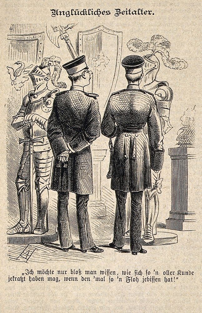 Two military men standing in front of two coats of amour and remarking how unfortunate it must have been to wear armour when…