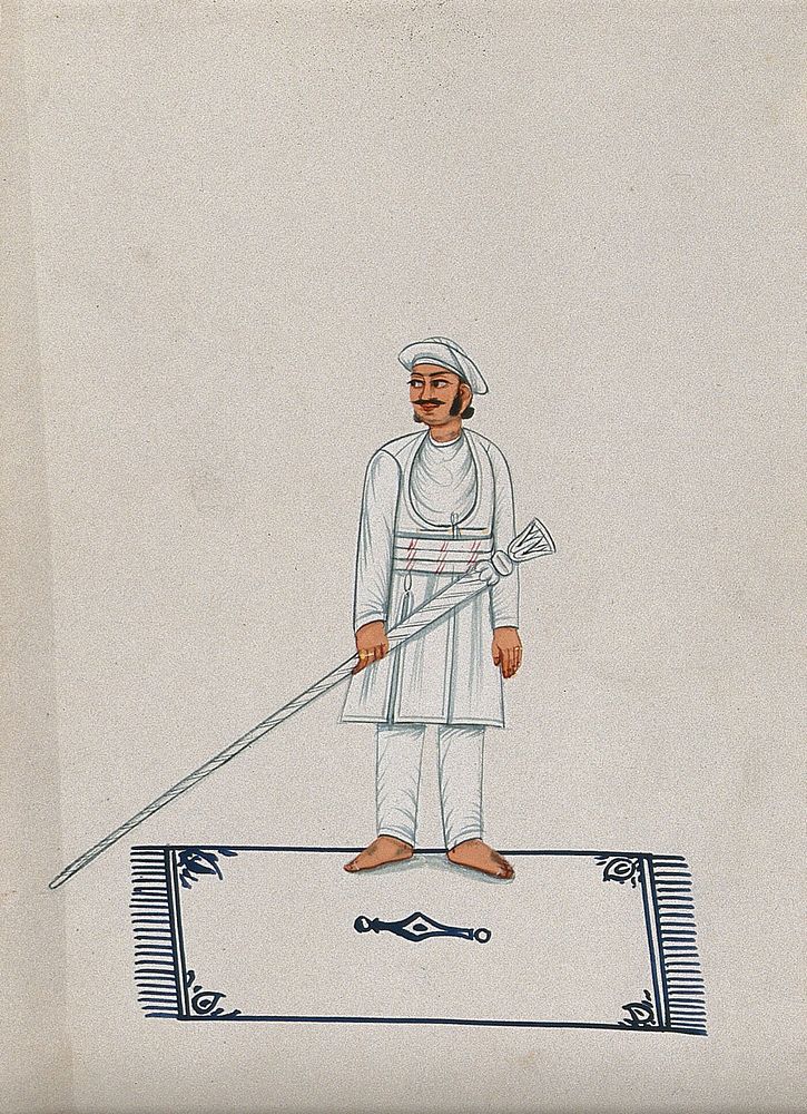 A man standing on a carpet holding a long staff. Watercolour by an Indian artist.