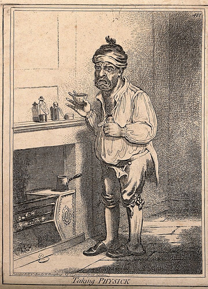 A man standing by a fire place, pulling a peculiar face after taking some medicine. Coloured etching by J. Gillray, 1800.