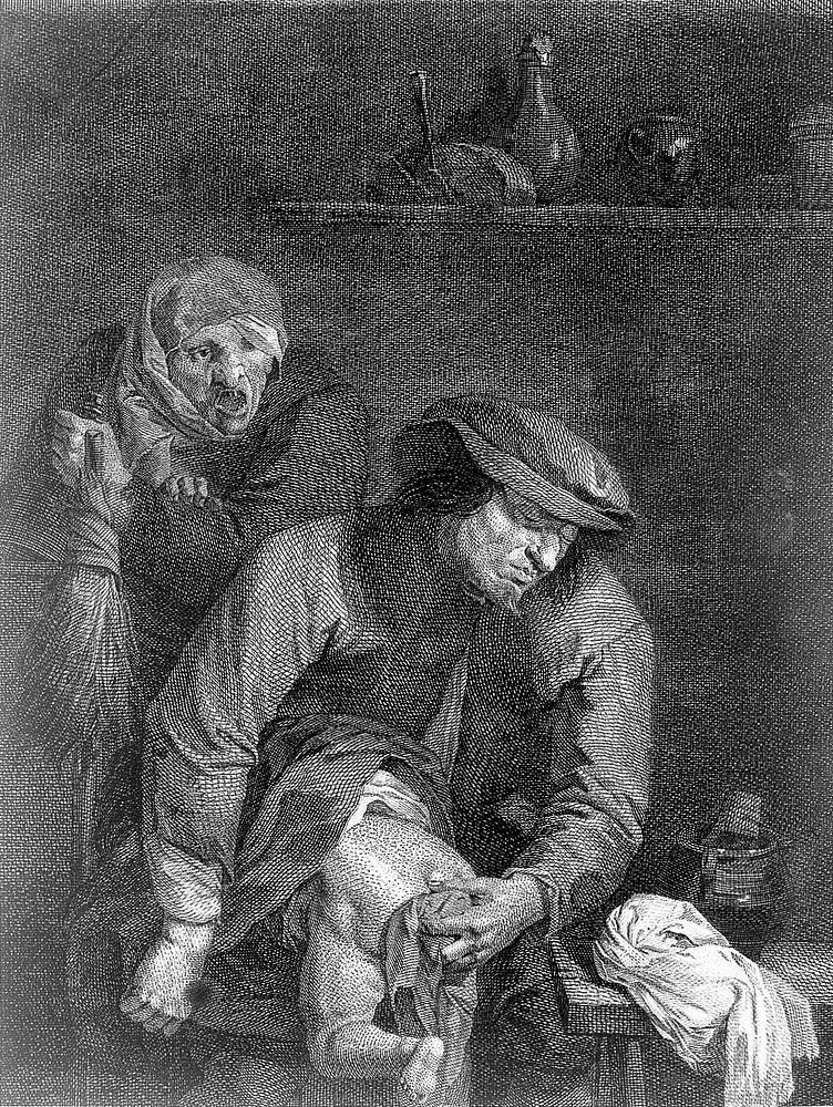 A man washing a child's bottom, in the background an old hag shouts at him. Line engraving.